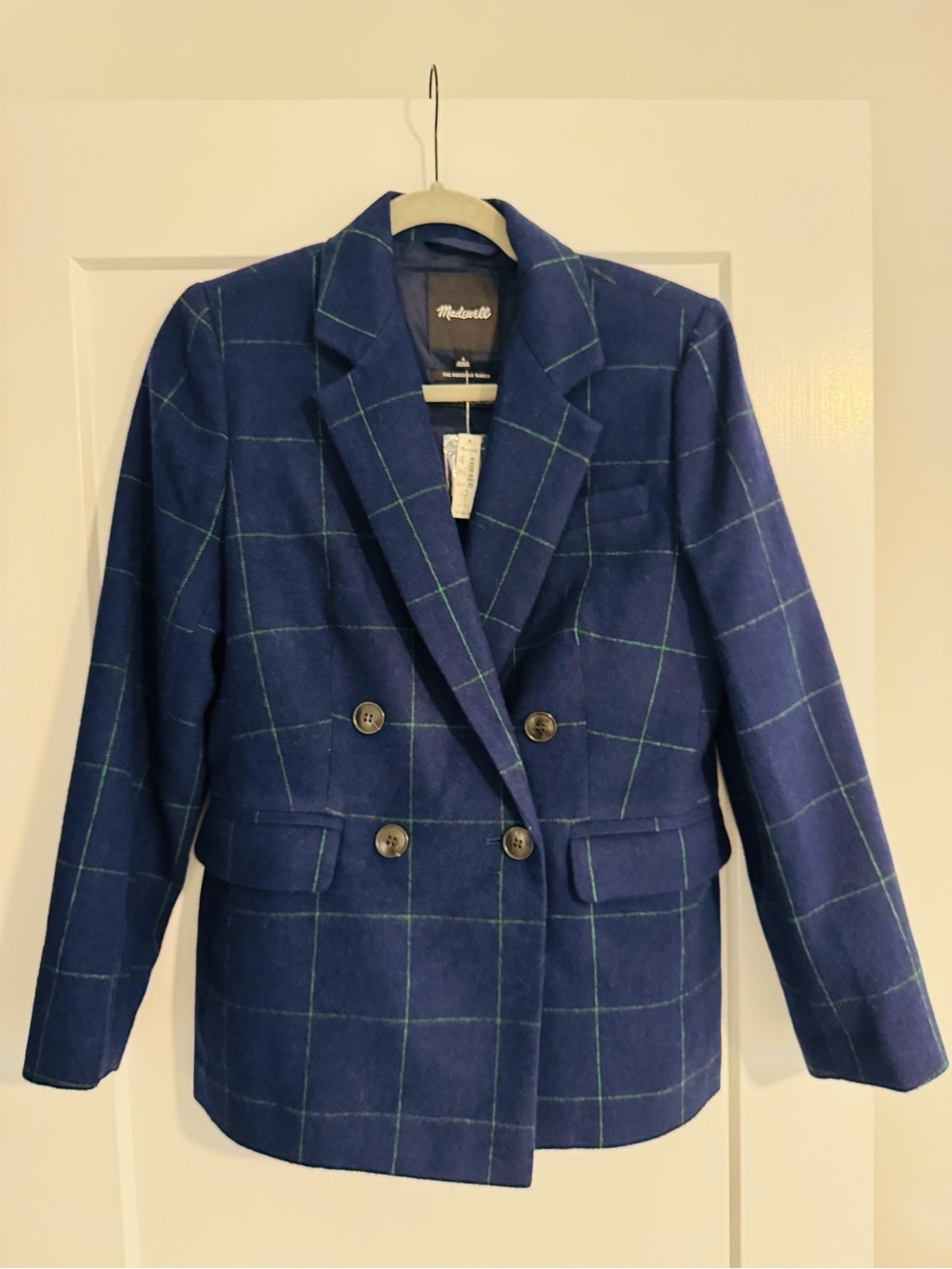 Madewell Women's Navy Windowpane Double-Breasted Blazer NWT 4